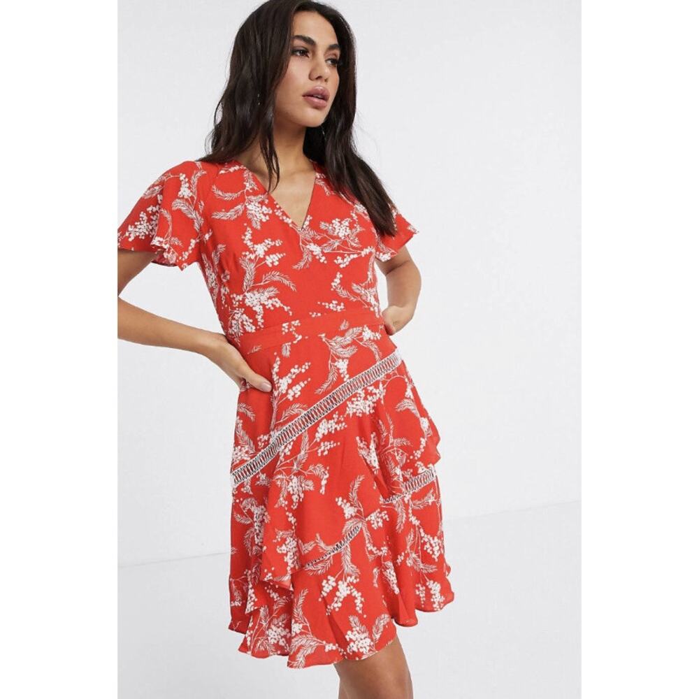 Karen Millen US 6 Ruffle Floral Fit-and-Flare Dress Tiered Lattice Red Vacation
